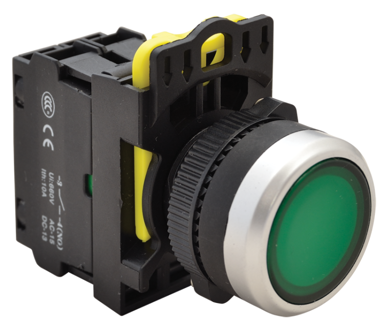 Przełącznik podświetlony, zielony 1×NO, 5A/230V AC-15, IP65, LED 230V AC/DC NYK3-LG Tracon Electric