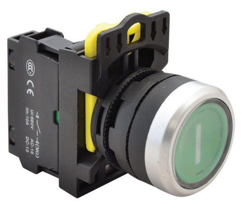 Przycisk z piktogramem, zielony (białe I) 1×NO, 5A/230V AC-15, IP65 NYG3-P1 Tracon Electric