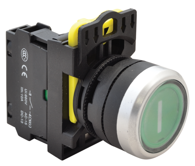 Przycisk z piktogramem, zielony (białe I) 1×NO, 5A/230V AC-15, IP65 NYG3-P1 Tracon Electric
