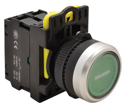 Przycisk podświetlony z piktogramem, zielony (białe I) 1×NO, 5A/230V AC-15, IP65, LED 230V AC/DC NYG3-P1L Tracon Electric
