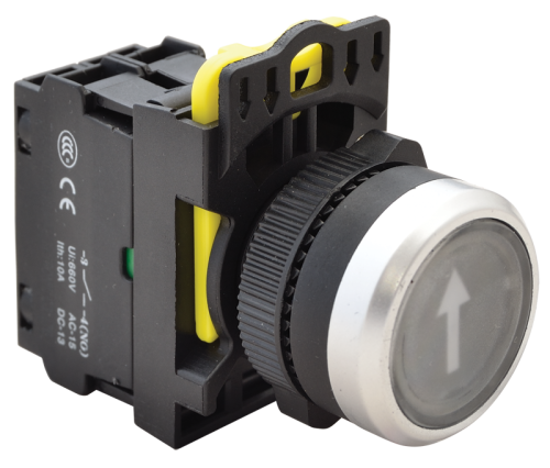 Przycisk podświetlony z piktogramem, czarny (biała strzałka) 1×NO, 5A/230V AC-15, IP65, LED 230V AC/DC NYG3-P4L Tracon Electric