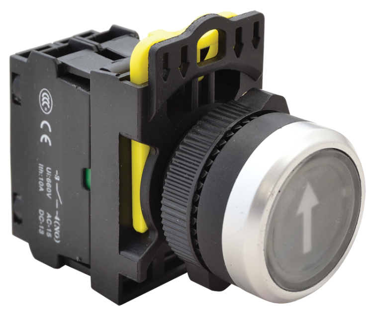 Przycisk podświetlony z piktogramem, czarny (biała strzałka) 1×NO, 5A/230V AC-15, IP65, LED 230V AC/DC NYG3-P4L Tracon Electric