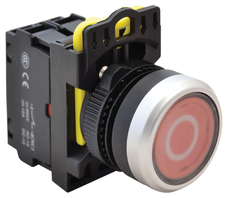 Przycisk podświetlony z piktogramem, czerwony (białe 0) 1×NC, 5A/230V AC-15, IP65, LED 230V AC/DC NYG3-P2L Tracon Electric