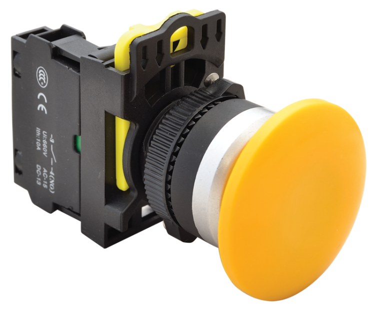 Przycisk grzybkowy, żółty 1×NO, 5A/230V AC-15, 40mm, IP65 NYG3-MY Tracon Electric