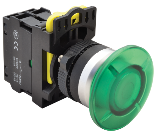 Przycisk grzybkowy, zielony 1×NO, 5A/230V AC-15, 40mm, IP65, LED 230V AC/DC NYG3-MLG Tracon Electric