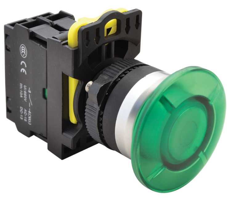 Przycisk grzybkowy, zielony 1×NO, 5A/230V AC-15, 40mm, IP65, LED 230V AC/DC NYG3-MLG Tracon Electric