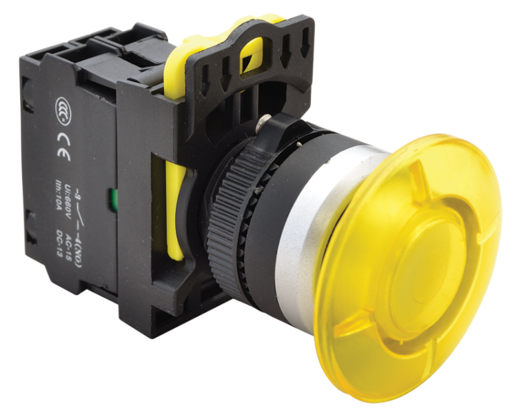 Przycisk grzybkowy, żółty 1×NO, 5A/230V AC-15, 40mm, IP65, LED 230V AC/DC NYG3-MLY Tracon Electric