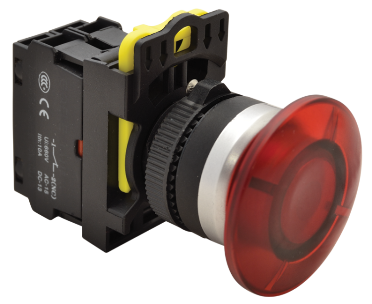 Przycisk grzybkowy, czerwony 1×NC, 5A/230V AC-15, 40mm, IP65, LED 230V AC/DC NYG3-MLR Tracon Electric