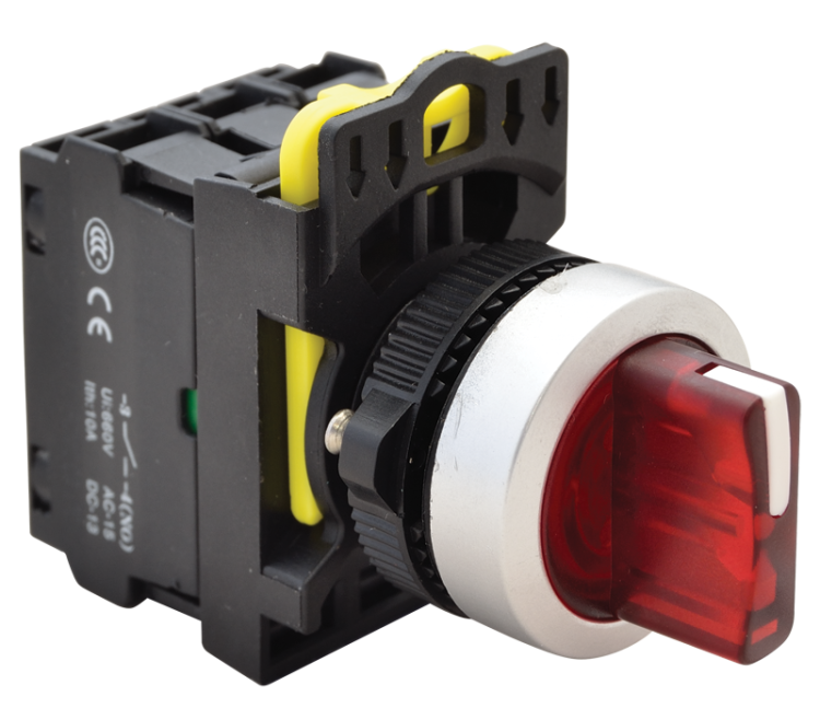 Przełącznik pokrętny podśw. LED, czerwony, trzystanowy 1×NO+1×NC, 5A/230V AC-15, IP65, LED 230V AC/DC NYK3-SL31R Tracon Electric