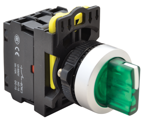 Przełącznik pokrętny podśw. LED, zielony, trzystan, spręż. 1×NO+1×NC, 5A/230V AC-15, IP65, LED 230V AC/DC NYK3-SL34G Tracon Electric