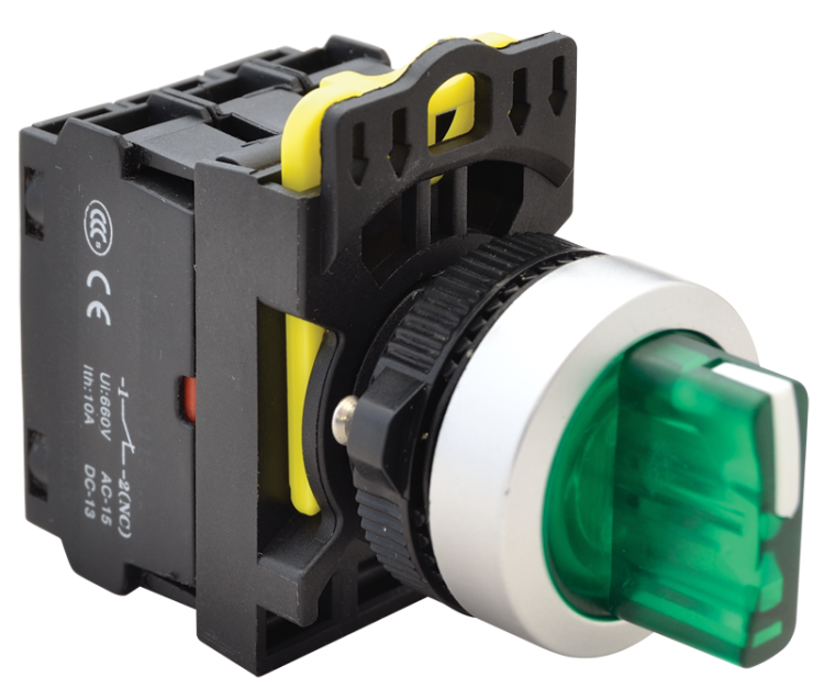 Przełącznik pokrętny podśw. LED, zielony, trzystan, spręż. 1×NO+1×NC, 5A/230V AC-15, IP65, LED 230V AC/DC NYK3-SL34G Tracon Electric