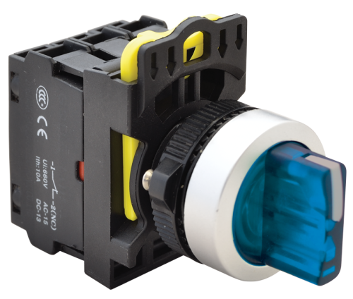 Przełącznik pokrętny podśw. LED, niebieski, trzystan, spręż. 1×NO+1×NC, 5A/230V AC-15, IP65, LED 230V AC/DC NYK3-SL34B Tracon Electric
