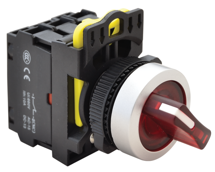 Przełącznik pokrętny podśw. LED, czerwony, dwustanowy 1×NO+1×NC, 5A/230V AC-15, IP65, LED 230V AC/DC NYK3-SL21R Tracon Electric