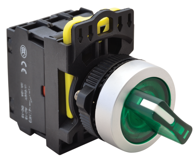 Przełącznik pokrętny podśw. LED, zielony, dwustanowy 1×NO+1×NC, 5A/230V AC-15, IP65, LED 230V AC/DC NYK3-SL21G Tracon Electric