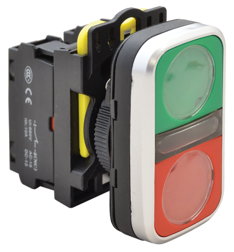 Podwójny przycisk WŁ-WYŁ, zielony+czerwony 1×NO+1×NC, 5A/230V AC-15, IP65 NYG3-D Tracon Electric