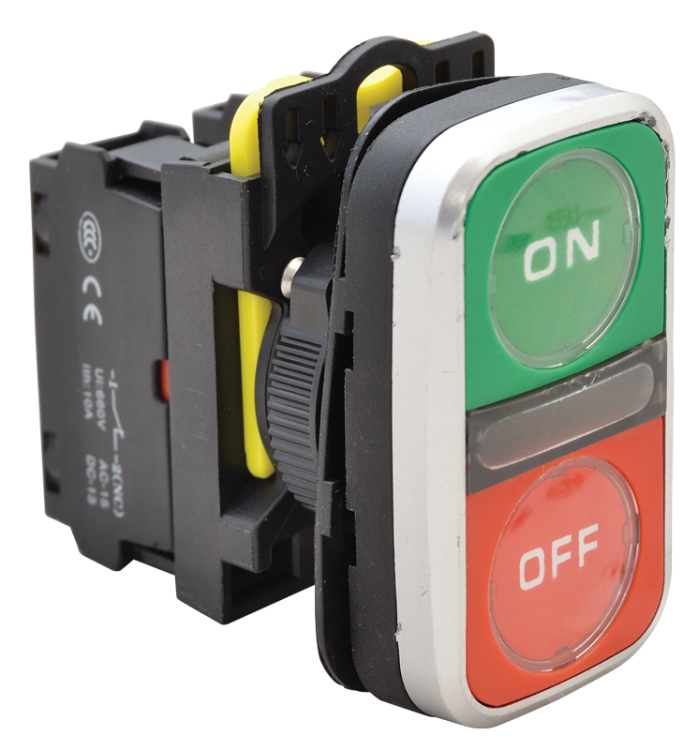 Podwójny przysisk WŁ-WYŁ, ON-OFF, zielony+czerwony 1×NO+1×NC, 5A/230V AC-15, IP65 NYG3-D2 Tracon Electric
