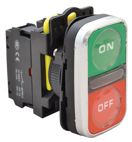 Podwójny przycisk WŁ-WYŁ, ON-OFF zielony+czerwony 1×NO+1×NC, 5A/230V AC-15, IP65, LED 230V AC/DC NYG3-DL2 Tracon Electric