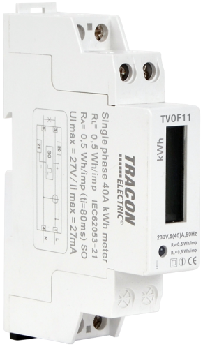 Jednofazowy licznik energii LCD, bezpośredni, 1-modułowy 230VAC / 5(40)A TVOF11 Tracon Electric
