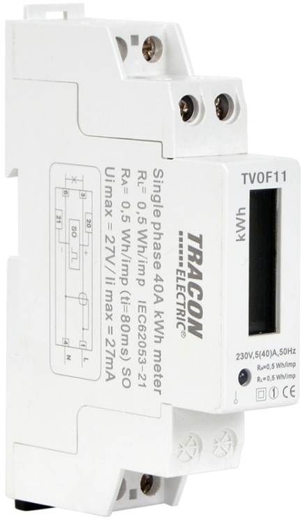 Jednofazowy licznik energii LCD, bezpośredni, 1-modułowy 230VAC / 5(40)A TVOF11 Tracon Electric
