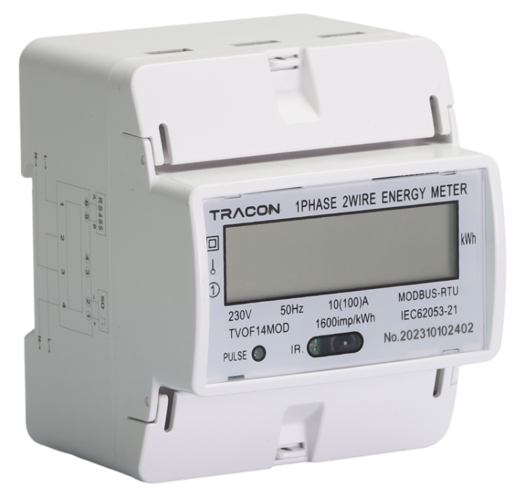 Jednofaz. licznik energii LCD, bezpośr., MODBUS, 1F, 4-mod 230VAC / 10(100)A TVOF14MOD Tracon Electric