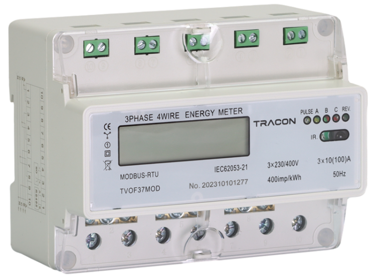 Trójfazowy licznik energii LCD, bezpośr., MODBUS, 7-mod 400VAC / 10(100)A TVOF37MOD Tracon Electric
