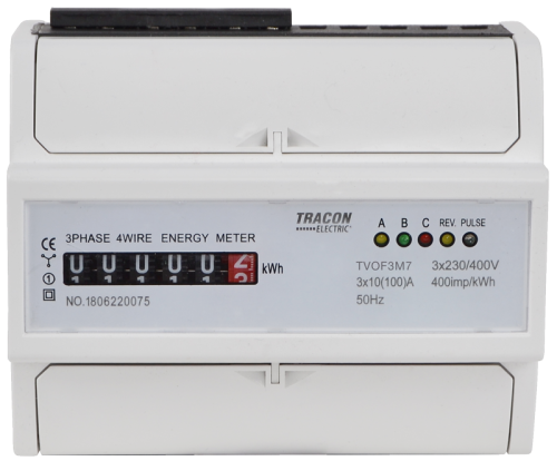 Trójfazowy elektromechaniczny licznik energii, bezp. 7-mod 400VAC / 10(100)A TVOF3M7 Tracon Electric