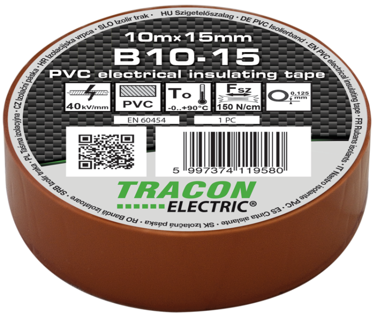 Taśma izolacyjna, brązowa 10m×15mm, PVC, 0-90°C, 40kV/mm B10-15 Tracon Electric