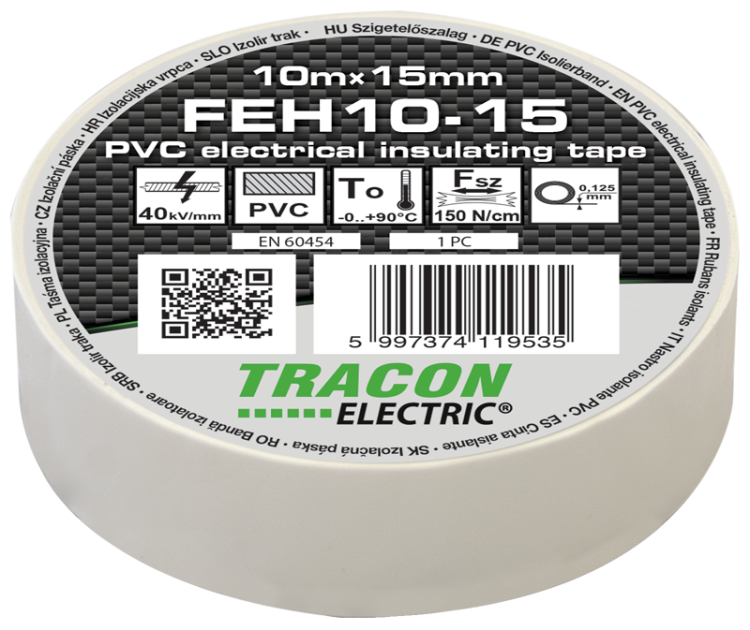 Taśma izolacyjna, biała 10m×15mm, PVC, 0-90°C, 40kV/mm FEH10-15 Tracon Electric