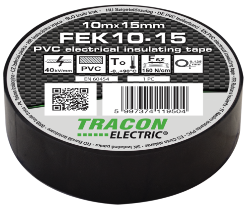 Taśma izolacyjna, czarna 10m×15mm, PVC, 0-90°C, 40kV/mm FEK10-15 Tracon Electric