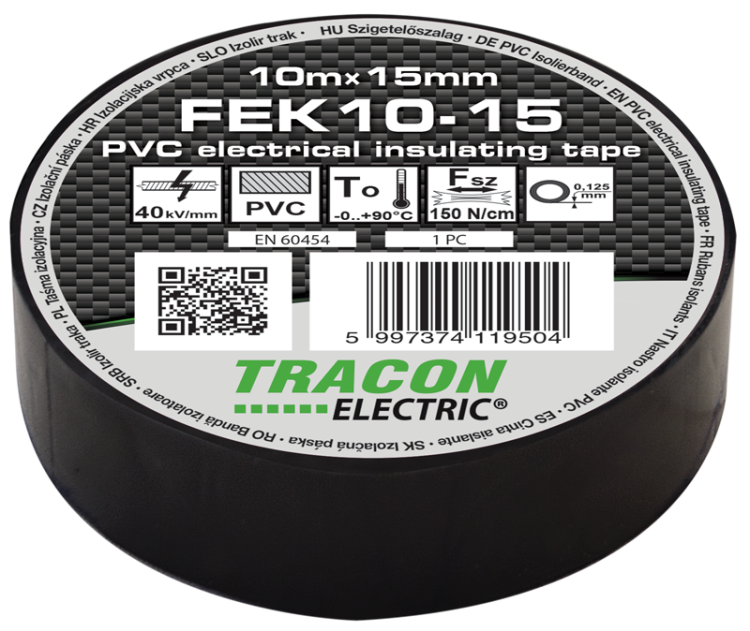 Taśma izolacyjna, czarna 10m×15mm, PVC, 0-90°C, 40kV/mm FEK10-15 Tracon Electric