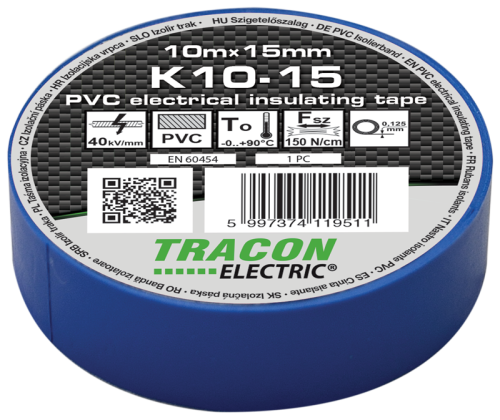 Taśma izolacyjna, niebieska 10m×15mm, PVC, 0-90°C, 40kV/mm K10-15 Tracon Electric