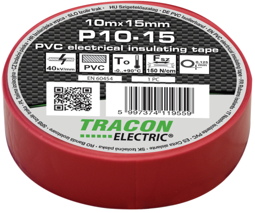 Taśma izolacyjna, czerwona 10m×15mm, PVC, 0-90°C, 40kV/mm P10-15 Tracon Electric