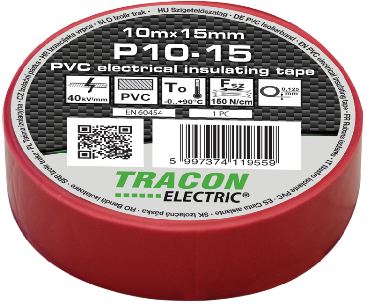 Taśma izolacyjna, czerwona 10m×15mm, PVC, 0-90°C, 40kV/mm P10-15 Tracon Electric