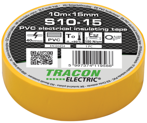 Taśma izolacyjna, żółta 10m×15mm, PVC, 0-90°C, 40kV/mm S10-15 Tracon Electric