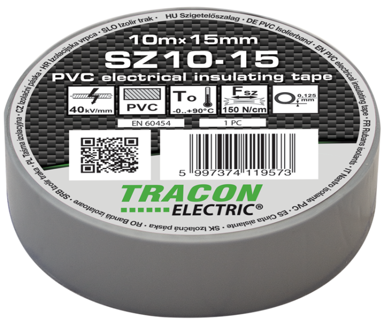 Taśma izolacyjna, szara 10m×15mm, PVC, 0-90°C, 40kV/mm SZ10-15 Tracon Electric