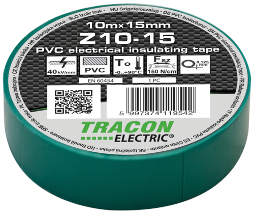 Taśma izolacyjna, zielona 10m×15mm, PVC, 0-90°C, 40kV/mm Z10-15 Tracon Electric