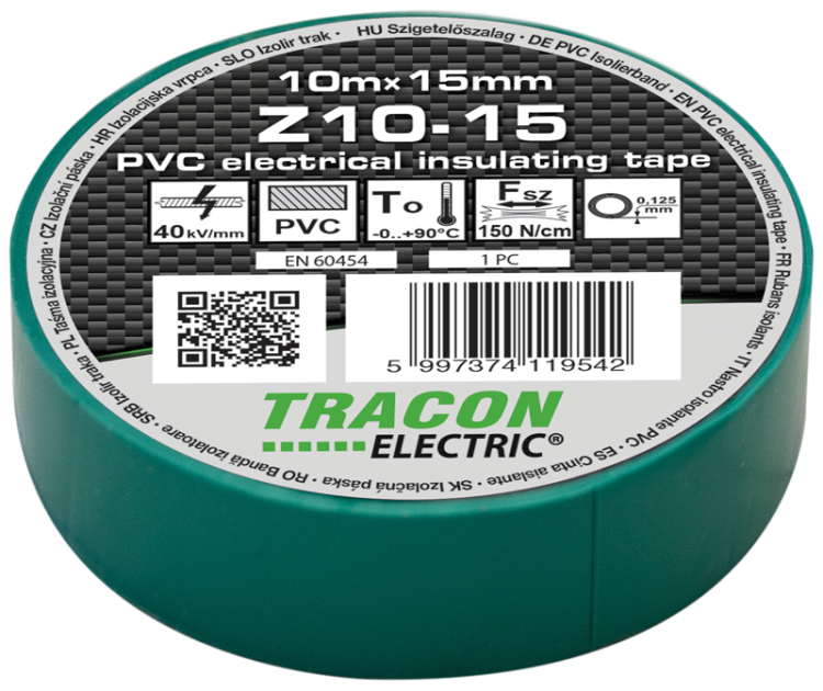 Taśma izolacyjna, zielona 10m×15mm, PVC, 0-90°C, 40kV/mm Z10-15 Tracon Electric