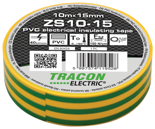 Taśma izolacyjna, zielono-żółta 10m×15mm, PVC, 0-90°C, 40kV/mm ZS10-15 Tracon Electric
