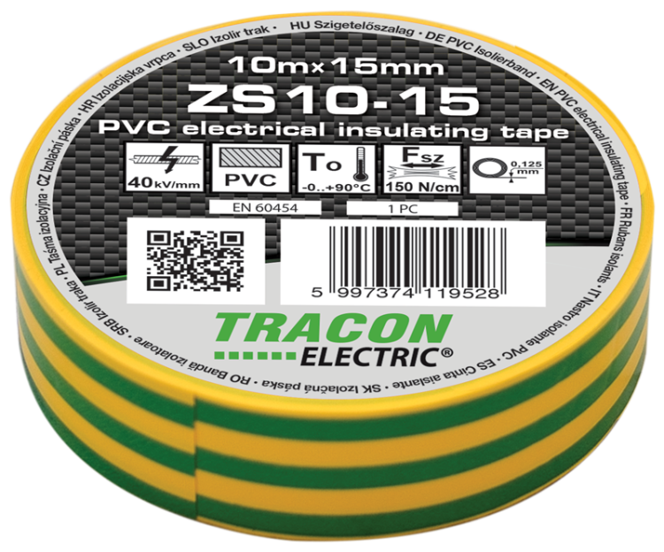 Taśma izolacyjna, zielono-żółta 10m×15mm, PVC, 0-90°C, 40kV/mm ZS10-15 Tracon Electric