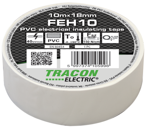 Taśma izolacyjna, biała 10m×18mm, PVC, 0-90°C, 40kV/mm FEH10 Tracon Electric