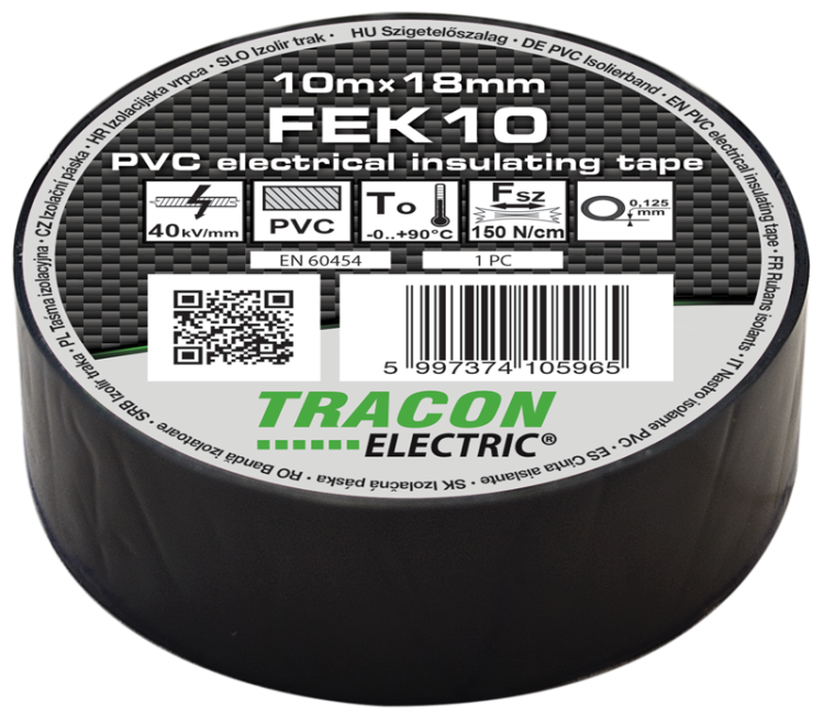 Taśma izolacyjna, czarna 10m×18mm, PVC, 0-90°C, 40kV/mm FEK10 Tracon Electric