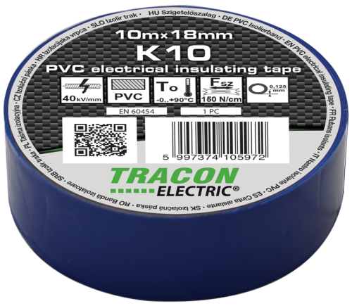 Taśma izolacyjna, niebieska 10m×18mm, PVC, 0-90°C, 40kV/mm K10 Tracon Electric