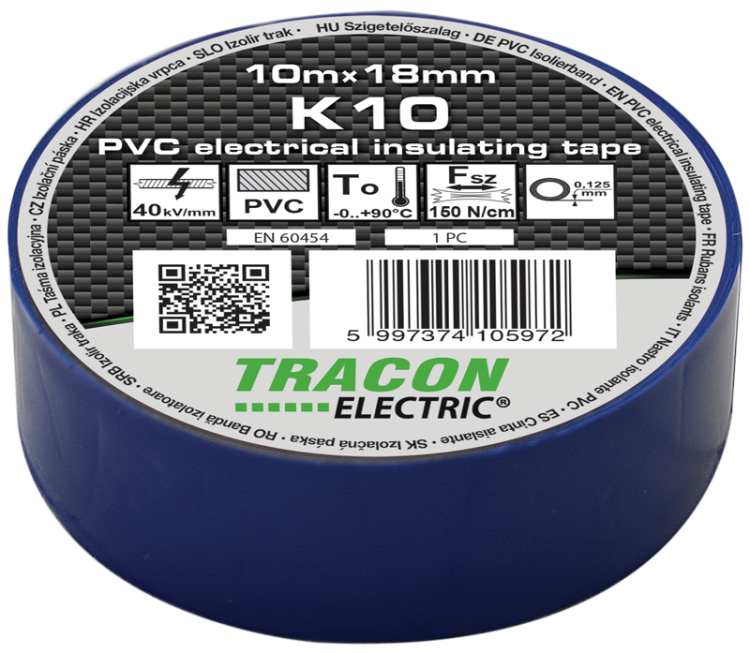 Taśma izolacyjna, niebieska 10m×18mm, PVC, 0-90°C, 40kV/mm K10 Tracon Electric