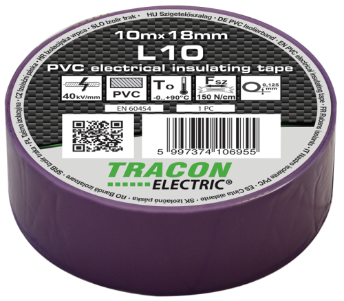 Taśma izolacyjna, fioletowa 10m×18mm, PVC, 0-90°C, 40kV/mm L10 Tracon Electric