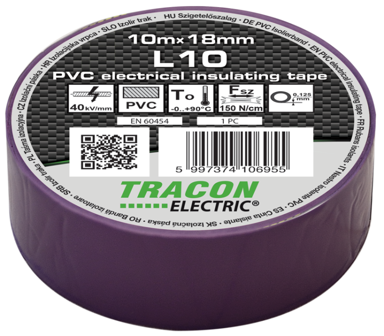 Taśma izolacyjna, fioletowa 10m×18mm, PVC, 0-90°C, 40kV/mm L10 Tracon Electric
