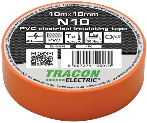 Taśma izolacyjna, pomarańczowa 10m×18mm, PVC, 0-90°C, 40kV/mm N10 Tracon Electric