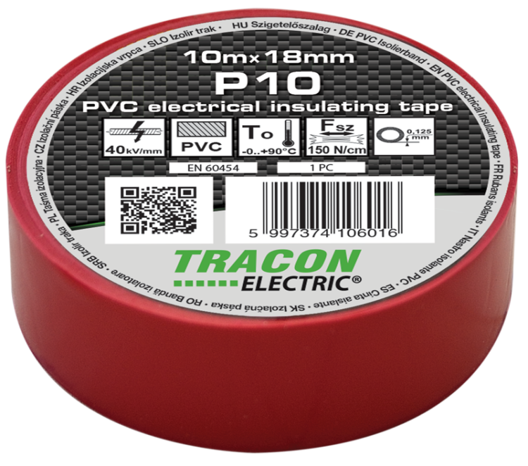 Taśma izolacyjna, czerwona 10m×18mm, PVC, 0-90°C, 40kV/mm P10 Tracon Electric