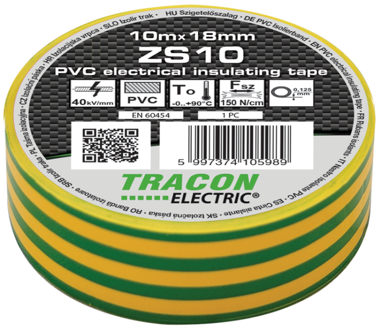 Taśma izolacyjna, zielono-żółta 10m×18mm, PVC, 0-90°C, 40kV/mm ZS10 Tracon Electric