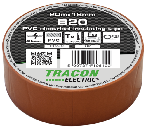 Taśma izolacyjna, brązowa 20m×18mm, PVC, 0-90°C, 40kV/mm B20 Tracon Electric