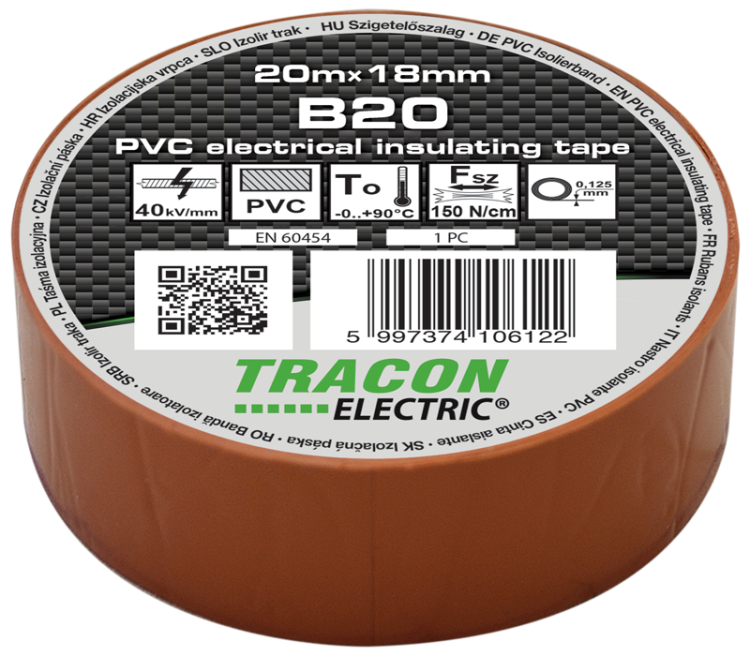 Taśma izolacyjna, brązowa 20m×18mm, PVC, 0-90°C, 40kV/mm B20 Tracon Electric